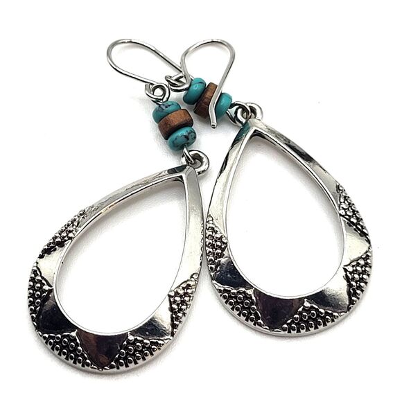Southwestern Turquoise Wood Dangle Drop Earrings 2in - Picture 1 of 3